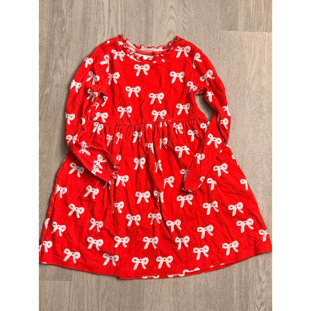 Hanna Andersson Girls Red White Bow Print Long Sleeve Play Dress Size 110 US 5